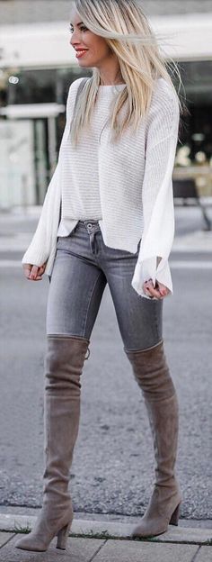 13 Best Grey Knee High Boots Ideas | Winter Outfits, High Knee Boots  Outfit, Autumn Fashion