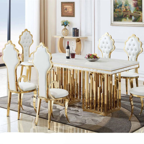 Classical Glass Top Dining Table With Gold Metal Stainless-Steel Frame  Wedding Chair White Table Set - China Marble Top Table, 4 Person Dining  Table | Made-In-China.Com