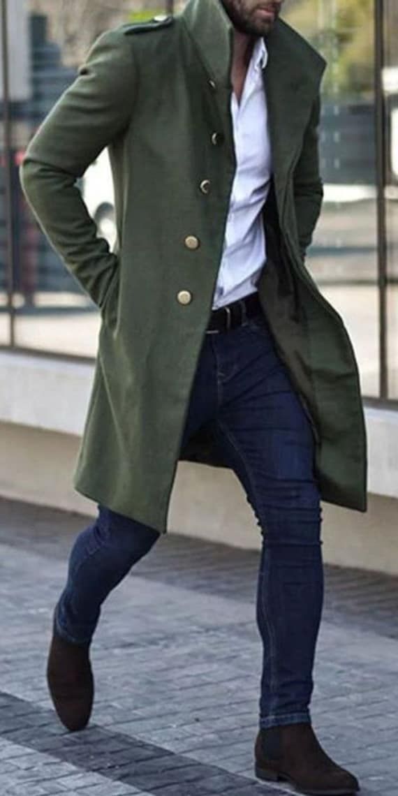 Men Trench Coat Green Wool Winter Coat New Arrival Christmas - Etsy |  Overalls Men Fashion, Mens Fashion Coat, Jackets Men Fashion