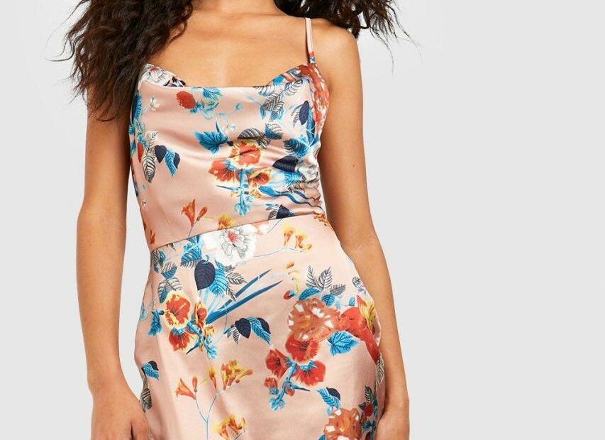 Satin Floral Cowl Flute Hem Slip Dress | Boohoo