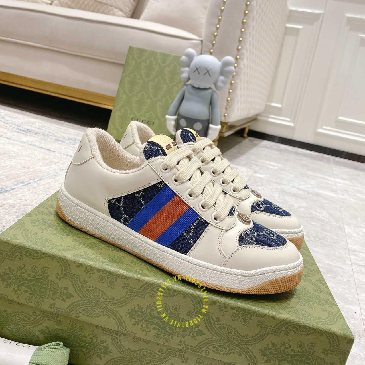 Giày Gucci Sneaker Nam Nữ Hàng Hiệu Da Xịn Màu Be Phối Vải Denim