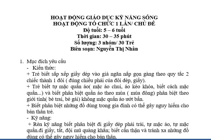 Giáo Án Dạy Kỹ Năng Sống Cho Trẻ Mầm Non Lớp 5 Tuổi