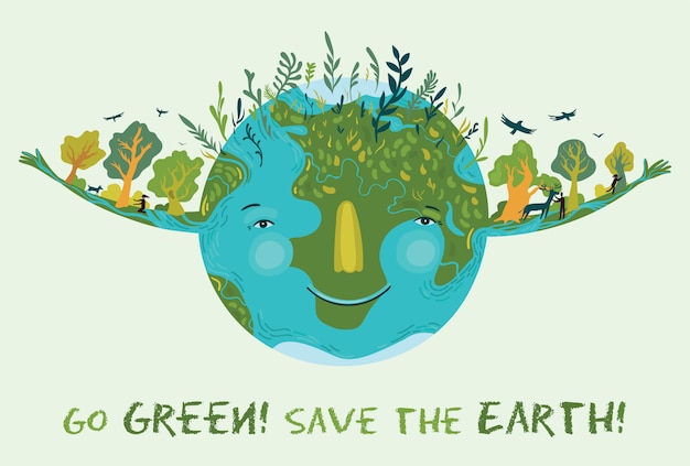 Premium Vector | Go Green, Save The Earth. Vector Cute Ecological  Illustration.