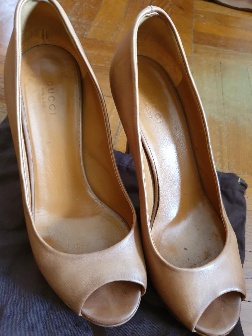 Gucci Nude Leather Peep Toe Platform Pumps, Women'S Fashion, Footwear, Heels  On Carousell