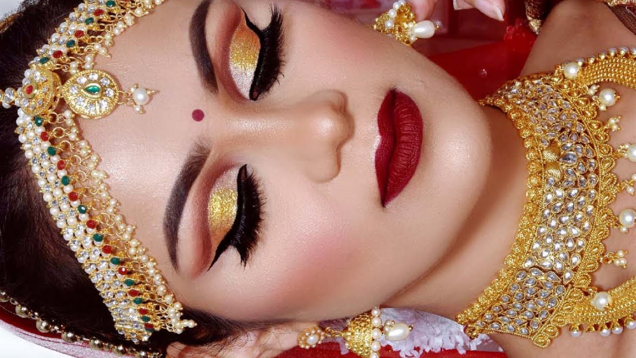 Full Hd Indian Bridal Makeup Tutorial South Indian Look Gold Glitter Cut  Crease Maroon Lipstick - Youtube